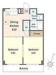 シャトレー手塚 3階2DKの間取り