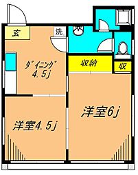 ハイツ武蔵 2階2DKの間取り