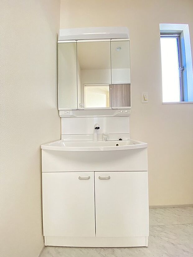 三面鏡にハンドシャワー付き、 使いやすい洗面台。