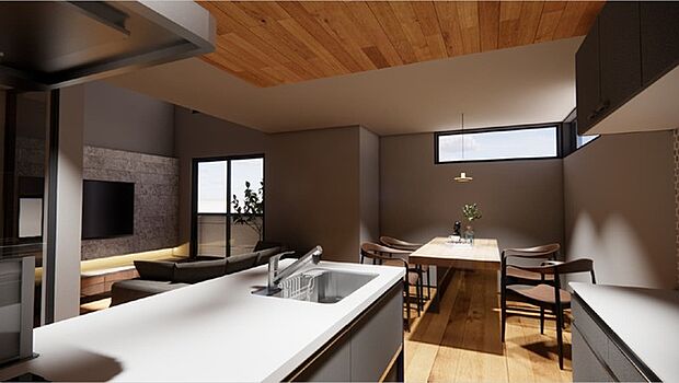 【完成予想パース】 温かみのある木目天井が心地よい空間に広がり、窓の外の緑が穏やかな時間を演出します 