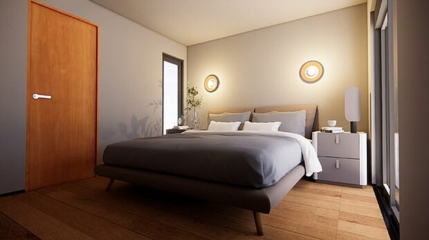 【完成予想パース】 温かな間接照明が心地よい安らぎを演出し、柔らかな色調が調和する空間。木の温もりを感じさせる床材と、洗練されたデザインの灯りが、静かで落ち着いたひとときを彩ります 