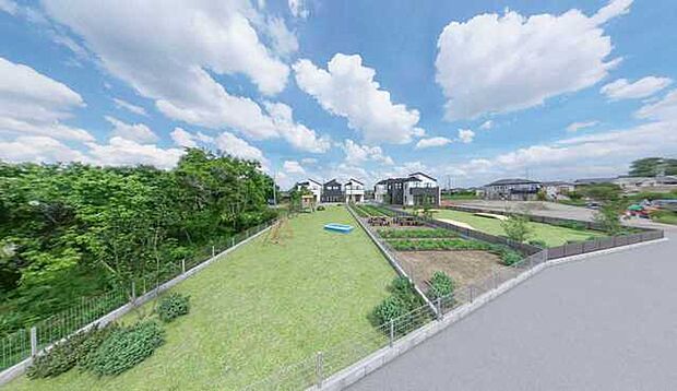 3、4、5号棟には広いお庭（建築不可部分）が付いております。家庭菜園、ドッグラン等多岐にご利用頂けます。 4号棟、5号棟お庭部分 ※CGでイメージパースを作成しております。