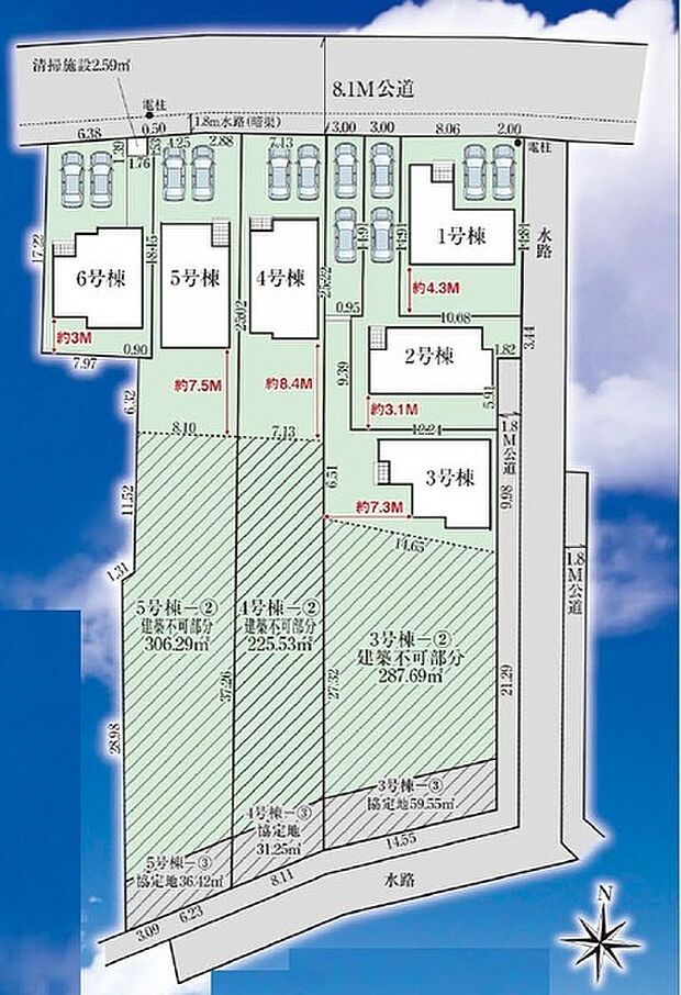 3、4、5号棟には広いお庭（建築不可部分）が付いております。家庭菜園、ドッグラン等多岐にご利用頂けます。 