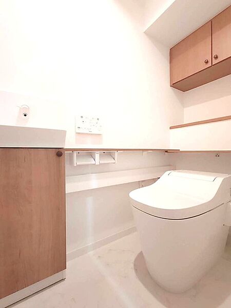 トイレのような小スペースだからこそ、ちょっとした収納が嬉しいポイント。もちろんウォシュレット機能付きです。