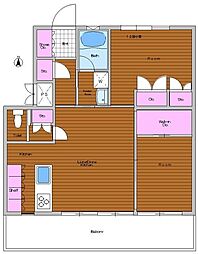 東急田園都市線 桜新町駅 徒歩17分の賃貸マンション 3階2LDKの間取り