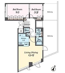 東急東横線 学芸大学駅 徒歩15分の賃貸マンション 6階2LDKの間取り