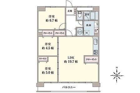 間取り図/専有84m2、LDK19.7帖、南向きバルコニー。各室収納完備。