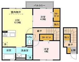 JR武蔵野線 新三郷駅 バス15分 総合住宅展示場前下車 徒歩4分の賃貸アパート 2階2LDKの間取り