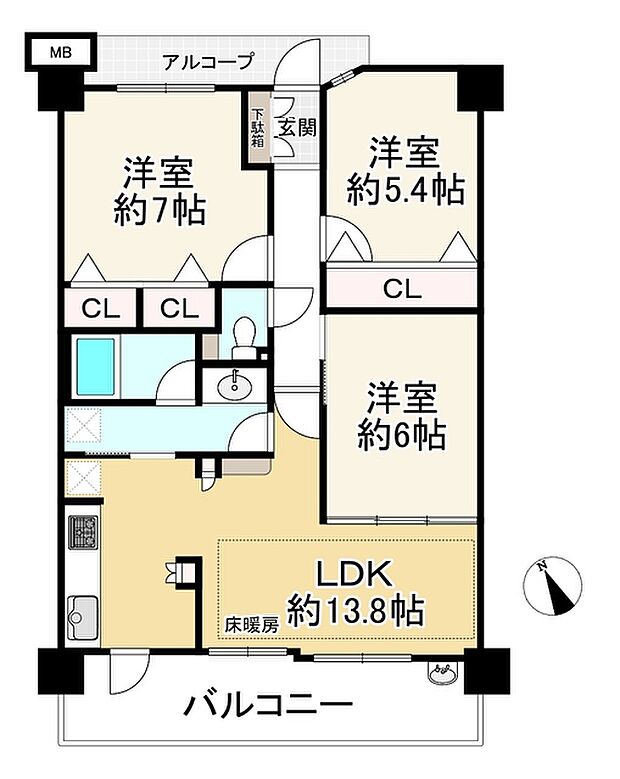 ソルコート阿倍野文の里(3LDK) 7階の間取り