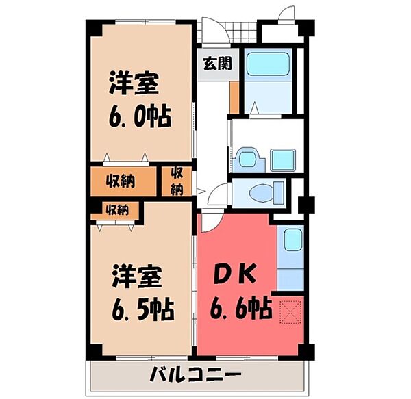 栃木県宇都宮市西一の沢町(賃貸マンション2DK・3階・46.44㎡)の写真 その2