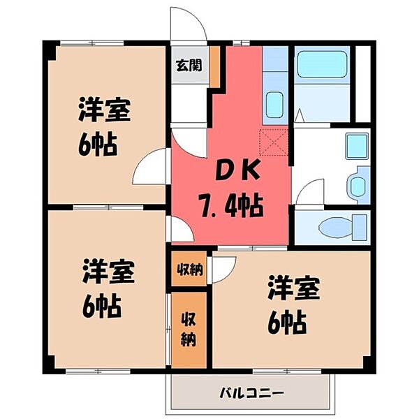 栃木県さくら市氏家(賃貸アパート3DK・1階・52.99㎡)の写真 その2