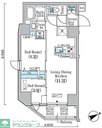 プライムブリス蔵前 3階2LDKの間取り