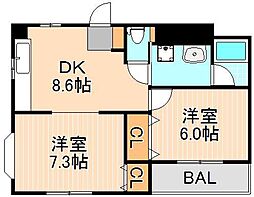 ユーコーポ 4階2DKの間取り