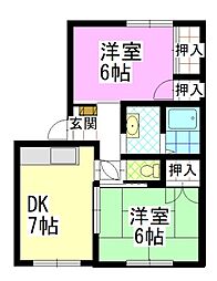 グリーンハウスB 2DKの間取図画像