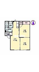 ラ・フォーレ櫛原 A102 1階2LDKの間取り