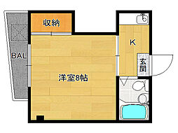 りぶ京都北山 2階1Kの間取り
