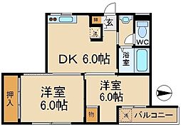 タフネス放出 3階2DKの間取り