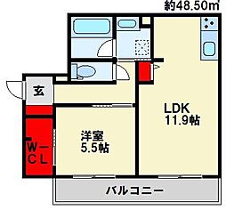 スパシオコモド春日原 1LDKの間取図画像