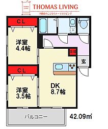 リテラス筑紫 2LDKの間取図画像