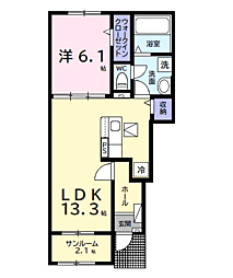 プレリュード 1階1LDKの間取り