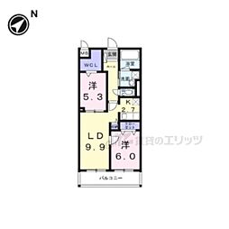 アジュール修学院 3階2LDKの間取り