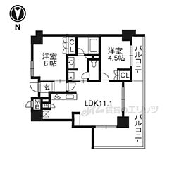 京都市営烏丸線 烏丸御池駅 徒歩9分の賃貸マンション 4階2LDKの間取り