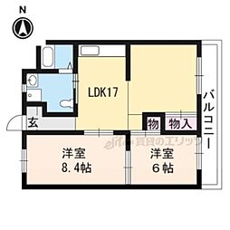 阪急嵐山線 松尾大社駅 徒歩5分の賃貸マンション 4階2LDKの間取り