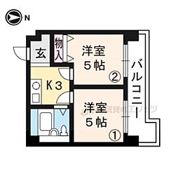 阪急京都本線 西京極駅 徒歩9分の賃貸マンション 3階2Kの間取り