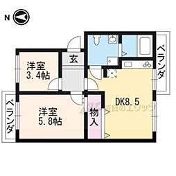 京阪本線 出町柳駅 バス18分 花園町下車 徒歩7分の賃貸マンション 1階2DKの間取り