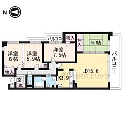 ユニーブル京都紫野 3階4LDKの間取り