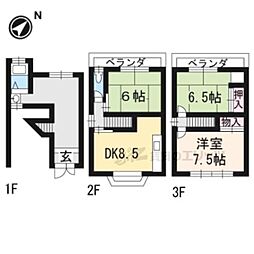 京福電気鉄道北野線 北野白梅町駅 バス11分 原谷口下車 徒歩5分の賃貸一戸建て 3階3DKの間取り