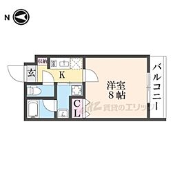 京都市営烏丸線 くいな橋駅 徒歩9分の賃貸マンション 1階1Kの間取り