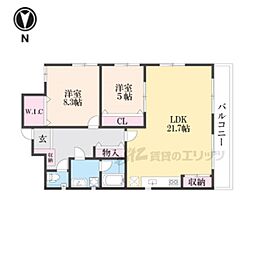 京都市営烏丸線 四条駅 徒歩10分の賃貸マンション 5階2LDKの間取り