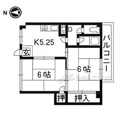 京都市営烏丸線 くいな橋駅 徒歩7分の賃貸アパート 5階2DKの間取り