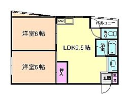 阪神なんば線 千鳥橋駅 徒歩16分の賃貸マンション 2階2LDKの間取り