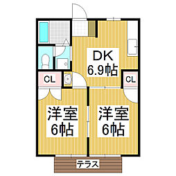 JR大糸線 南豊科駅 徒歩13分の賃貸アパート 1階2DKの間取り