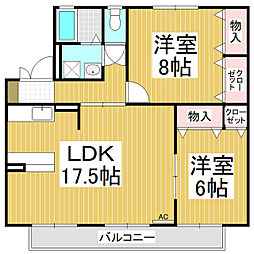 セジュール中道 2階2LDKの間取り