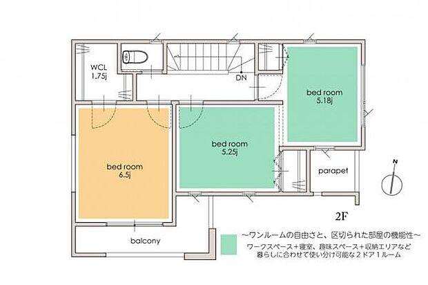 2階間取り図／2ドア1ルーム、収納力あるウォークインクローゼットを備えた2階