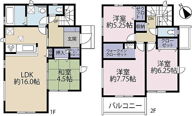 LDK約16帖＋和室続き間、全居室収納付きで家事動線と収納力に配慮した4LDKの間取りです。