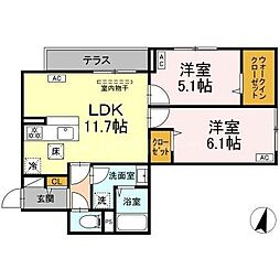 セレスティア興野 1階2LDKの間取り