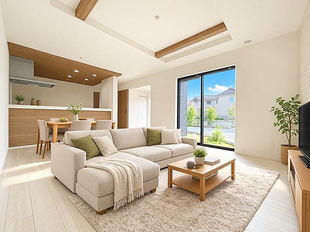 明るい陽光が差し込むリビングダイニングは、広々とした住空間！　※家具等はCGによるものです。