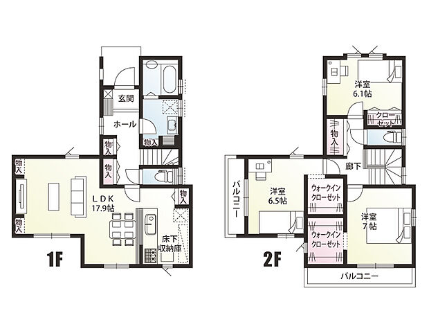 17.9帖の広々としたLDKです。各居室に収納があり、1階2階にもそれぞれ共用物入がありますので収納に困らない間取りです。