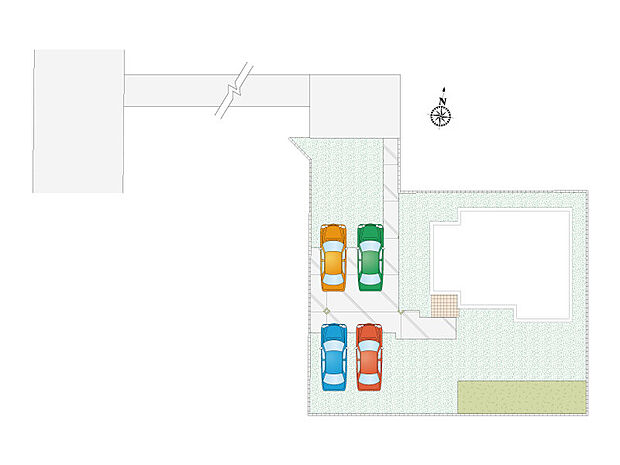 久喜市鷲宮（全10区画）E号棟　区画図　駐車スペースは4台分あります。建物南側も隣地境界まで約6ｍありますので日当たり良好です！　