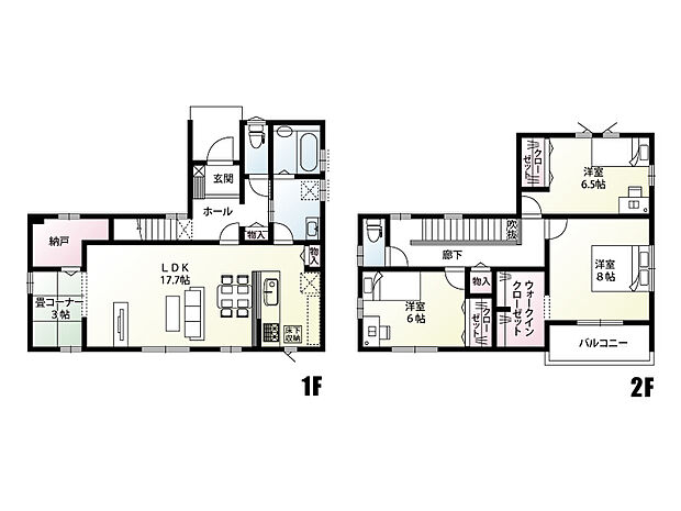 久喜市鷲宮（全10区画）G号棟　間取図　LDKは17.7帖の広々とした空間です。キッチンから水回りの動線もとれていて家事もしやすい間取りです。