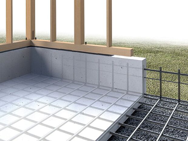 【鉄筋コンクリートベタ基礎】　ベタ基礎は地面全体を基礎で覆うため、建物の荷重を分散して地面に伝えることができ、不動沈下に対する耐久性や耐震性を向上することができます。