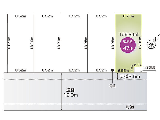 行田市清水町　E号棟　区画図　全5区画の分譲地です。　敷地47坪。