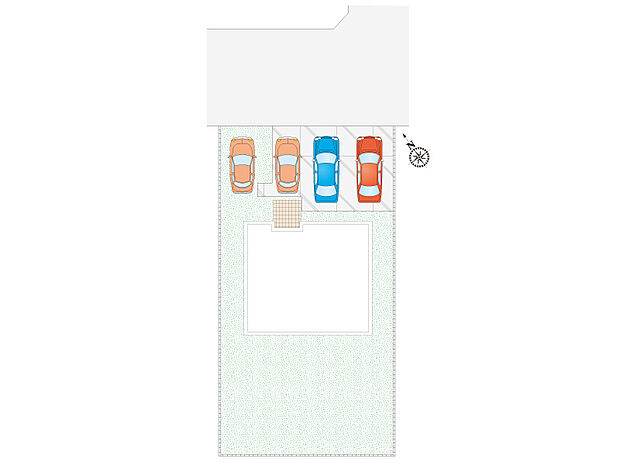 区画図　駐車4台可能+南側に広々としたお庭付き！お庭でBBQやお子様用プールなど夢が広がりますね。