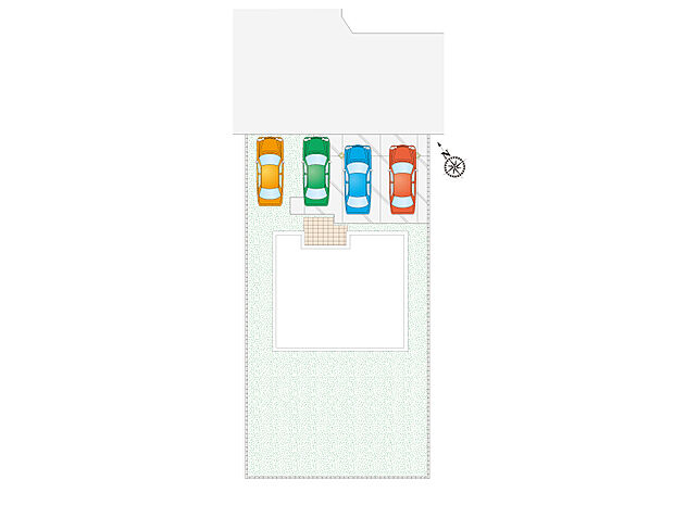 区画図　駐車4台可能+南側に広々としたお庭付き！お庭でBBQやお子様用プールなど夢が広がりますね。