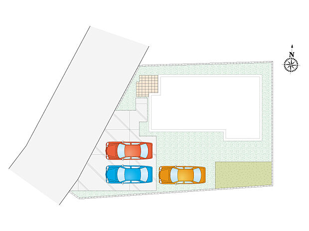 【東町A号棟　配置図】　お車3台駐車可能です。急な来客にも対応可能な　広々スペースを確保しております。