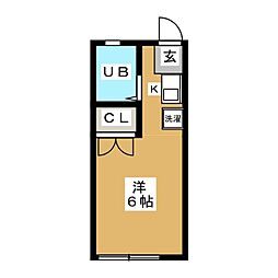 直井ハイツ 1階ワンルームの間取り